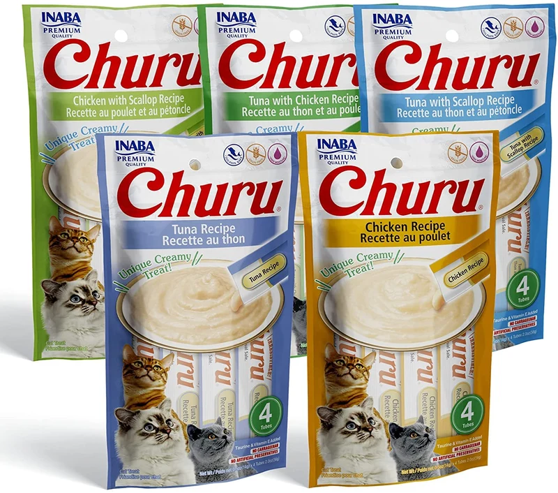 INABA Churu Purée à lécher pour Chats – Pack Variété 5 Saveurs, 20 Tubes