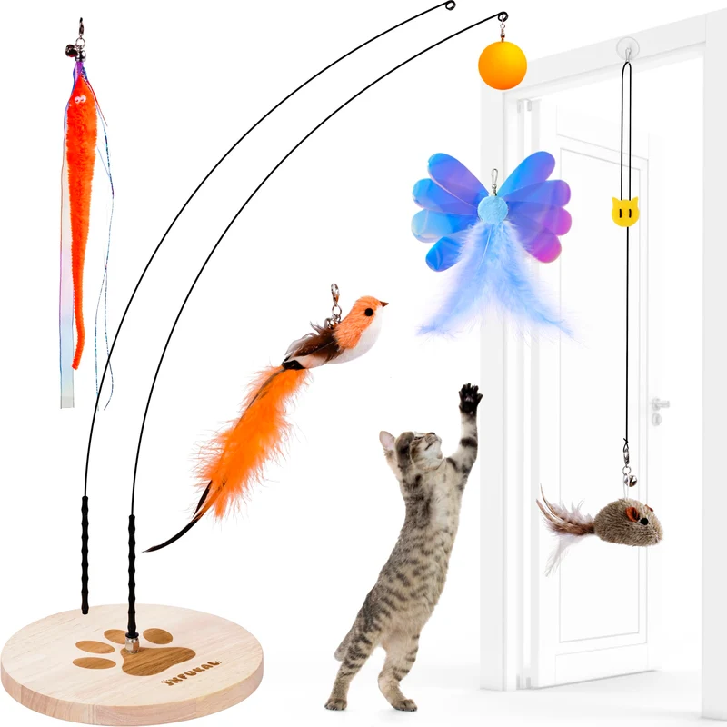 JXFUKAL Jouet Chat Interactif 3-en-1 – Base en bois stable, 2 tiges et 5 remplacements