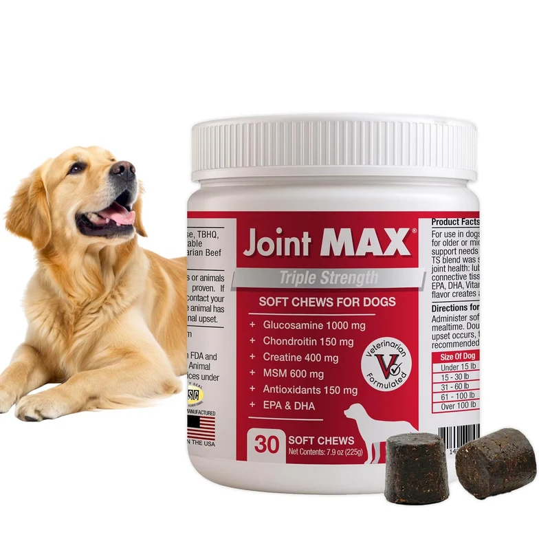 Joint MAX TS friables pour chiens – Glucosamine, Chondroïtine, MSM, Curcuma, Oméga 3 – Soutien des articulations – Fabriqué aux États-Unis – 30 friables