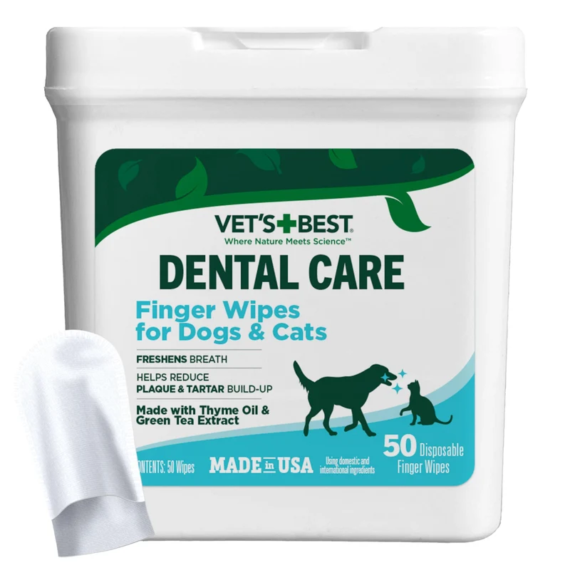 Vet's Best Lingettes Dentaires Doigts pour Chiens et Chats – Haleine Fraîche et Contrôle du Tartre – 50 Unités