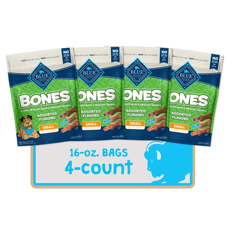 Blue Buffalo Bones – Biscuits Croquants pour Chiens, Saveurs Boeuf/Poulet/Bacon, Lot 4x450 g