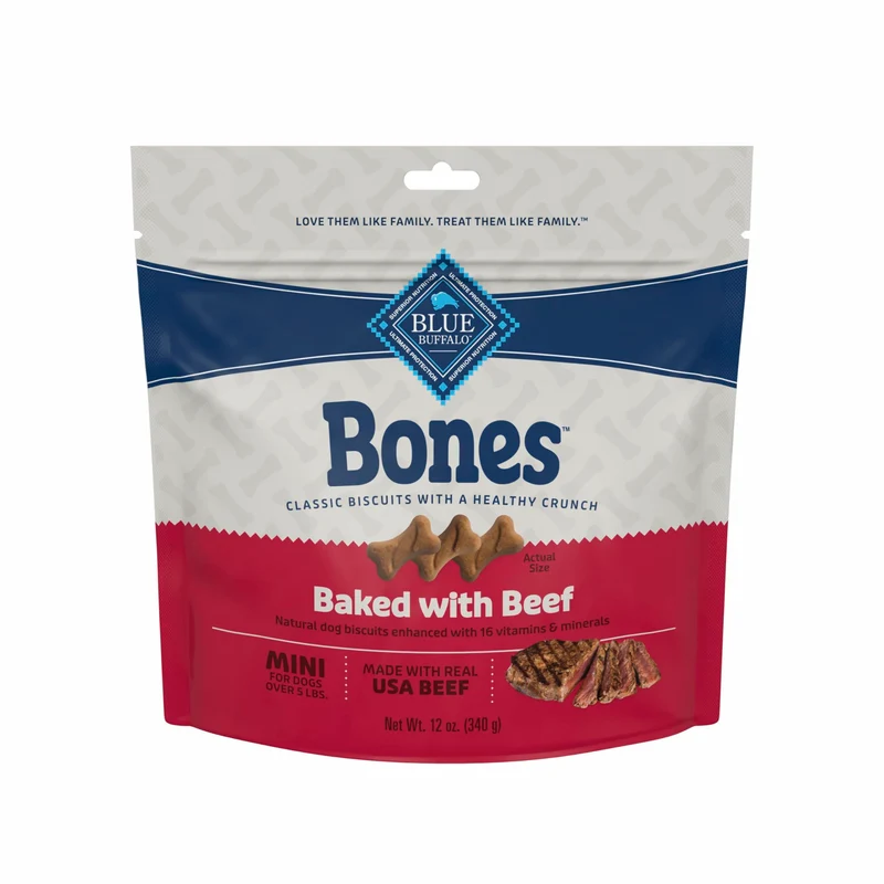 Blue Buffalo Bones – Friandises croquantes naturelles pour petits chiens, Mini biscuits au boeuf, 4 paquets de 340 g