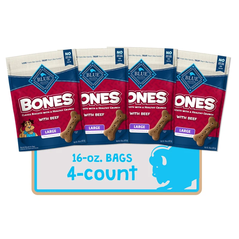 Blue Buffalo Bones – Friandises naturelles croustillantes au bœuf pour grands chiens, 4 paquets de 16 oz