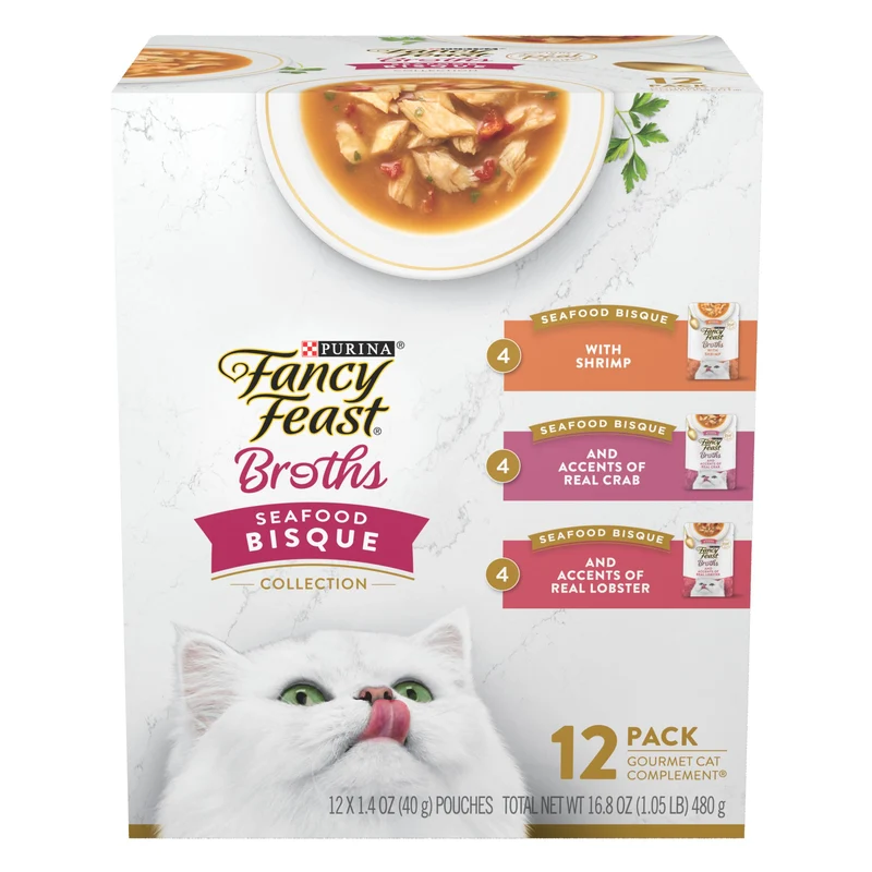 Fancy Feast Broths Bouillon Fruits de Mer – Variété Sans Céréales, Poches 1,4 oz (12)
