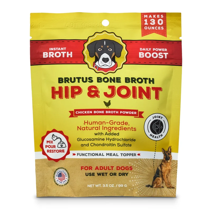 Brutus Bouillon pour Chiens – Topper Poudre au Poulet, Soutien des Hanches et des Articulations – Qualité Humaine, Sec ou Humide – 3,5 oz (pack de 1)