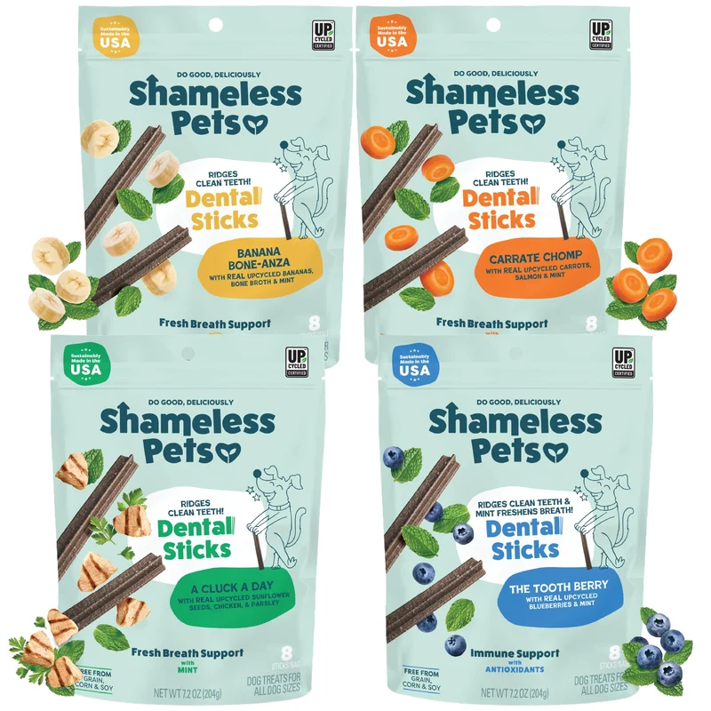 Shameless Pets Bâtonnets Dentaires pour Chiens – Pack Variété (4 Sachets) | Friandises Naturelles Sans Céréales pour Petits, Moyens et Grands Chiens