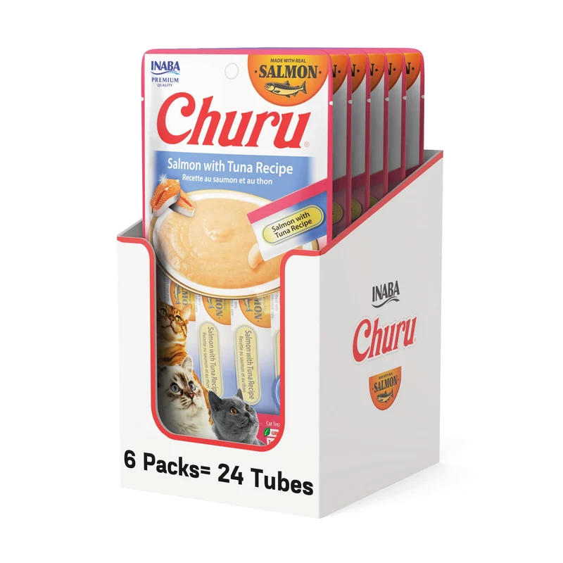 INABA Churu Chat – Friandise Crèmeuse Saumon & Thon, Hydratation élevée, Taurine et Thé Vert, Tube 0,5 oz x24