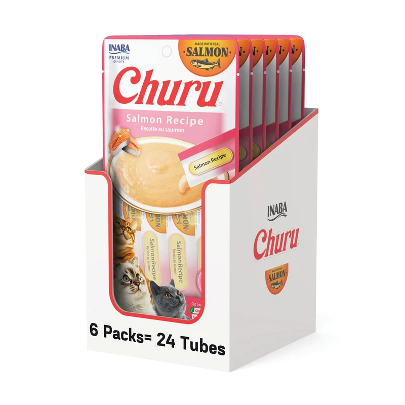 INABA Churu Friandises Saumon pour Chat – Texture Crème, Taurine et Thé Vert, 24 Tubes