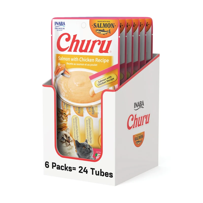 INABA Churu Chat – Friandise Crème Saumon et Poulet, Tube 0,5 oz, Pack de 24 tubes