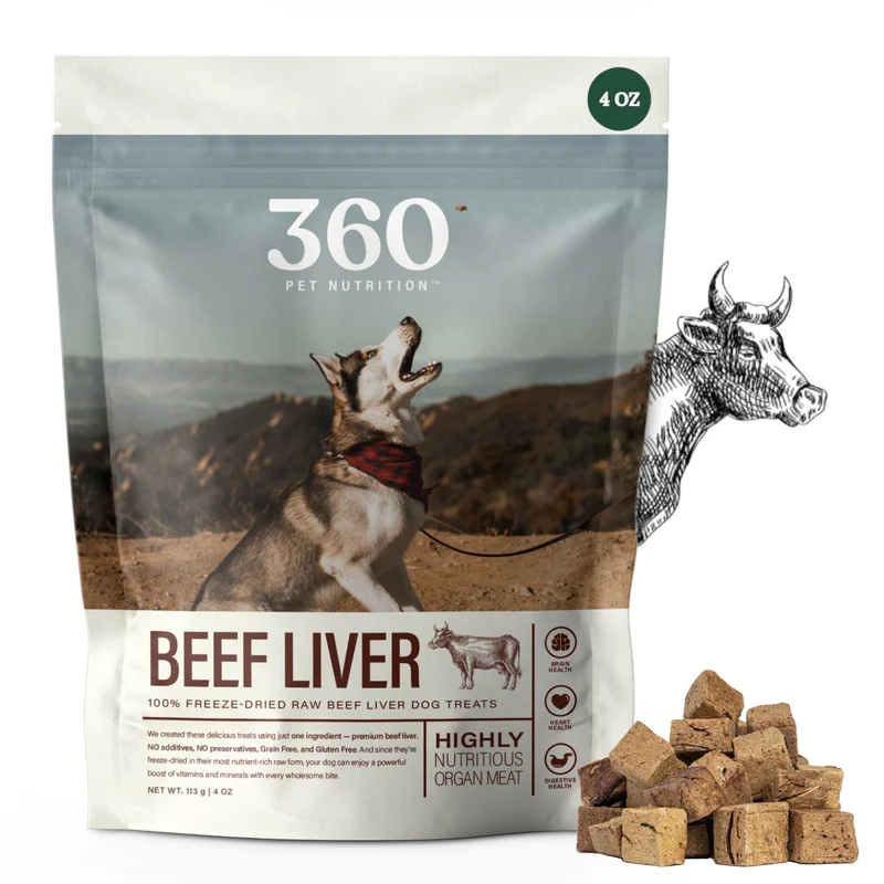360 Pet Nutrition Friandises au foie de bœuf lyophilisé – Ingrédient unique, sans céréales, haute teneur en protéines, fabriqué aux États‑Unis – 4 oz