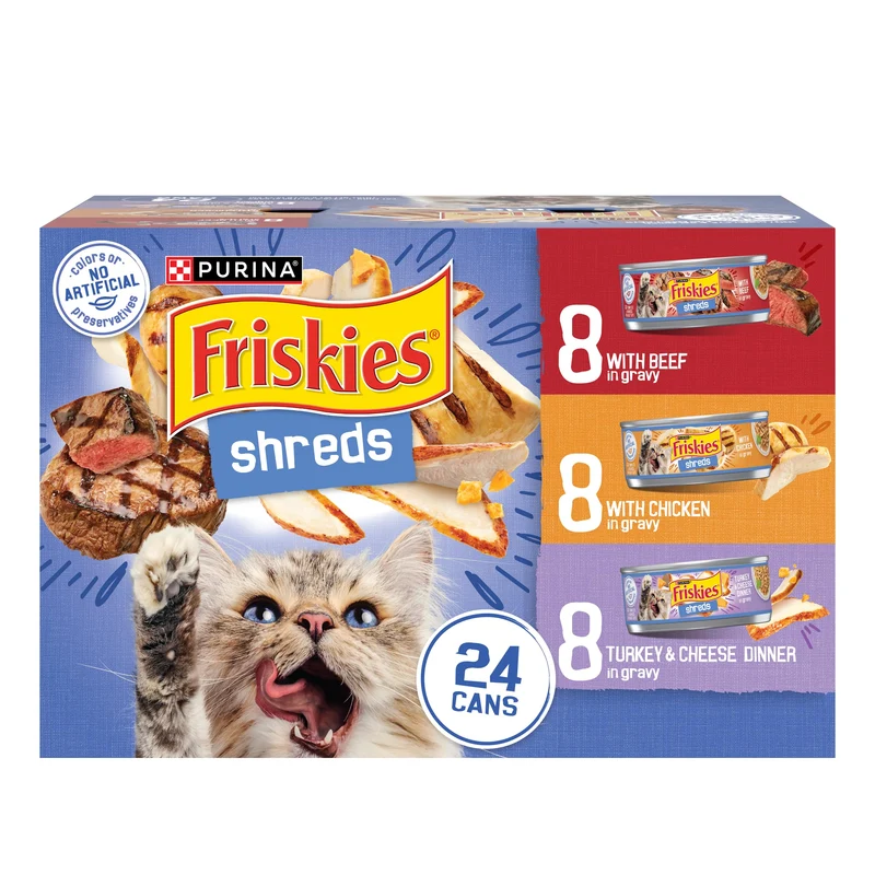 Lot varié Purina Friskies en sauce pour chats – Morceaux effilochés au bœuf, poulet et dinde au fromage (24 boîtes, 156 g)
