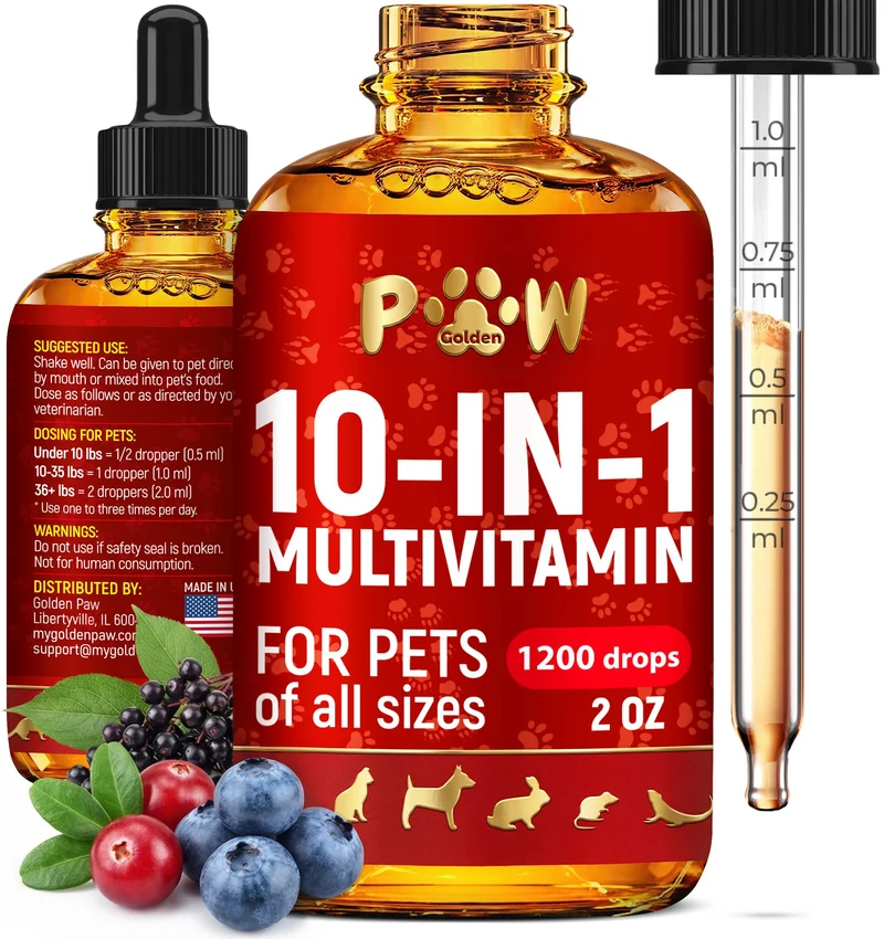 Multivitamine liquide Golden Paw pour chiens et chats — glucosamine, allergies et infections urinaires — articulations, pelage et digestion – 2 oz
