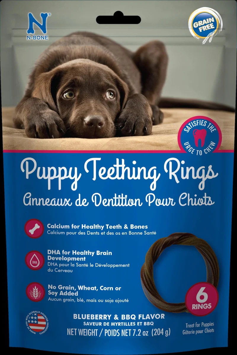 N-Bone Anneaux de Dentition chiot Sans Céréales Myrtille-Barbecue, 6 Unités, 204 g