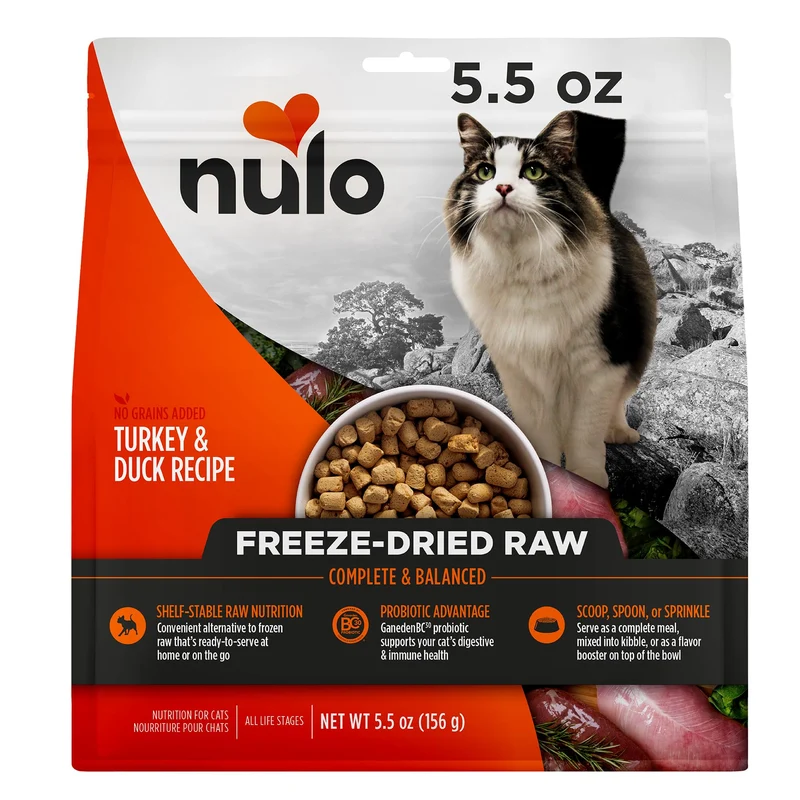 Nulo Freestyle Freeze-Dried Raw — Alimentation crue lyophilisée sans céréales pour chats, tous âges, BC30 Probiotique, Dinde & Canard, 5,5 oz