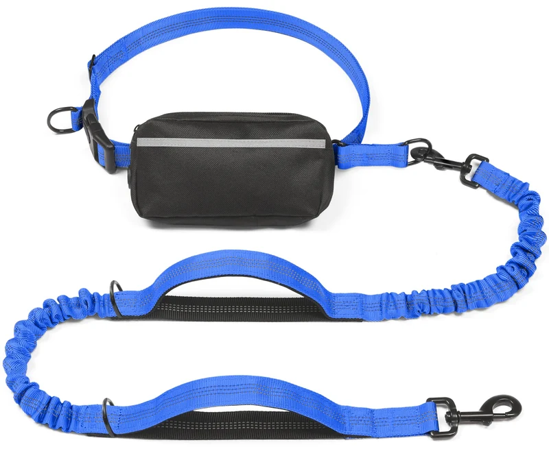 iYoShop Laisse mains libres pour chien avec poche zippée — Double amortisseurs et 2 poignées — Grand modèle (25–120 lb / 11,3–54,4 kg) — Bleu royal