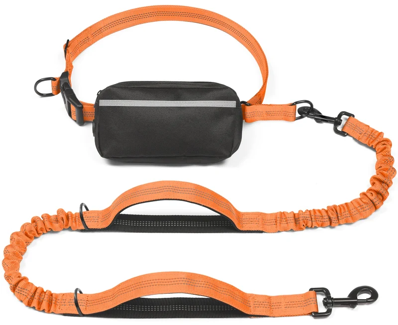 iYoShop Courroie Mains Libres pour Chien avec Poche Zippée – Poignées Rembourrées et Élastique Amortisseur Durable (Grand, 11,3–54 kg, Orange)