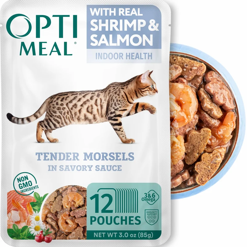 Optimeal Sachets Humides Sans Céréales pour Chat – Crevettes et Saumon en Sauce Savoureuse, Protéines Élevées, Ingrédients Européens, 3 oz (Lot de 12)