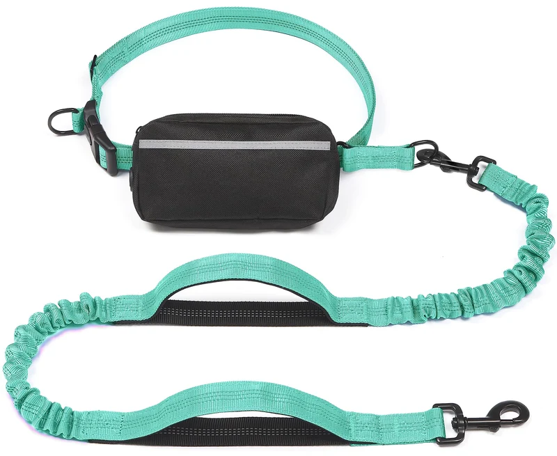 iYoShop Longe mains-libres pour chien – Poche zippée, poignées rembourrées et bungee durable – Teal (25–120 lb)