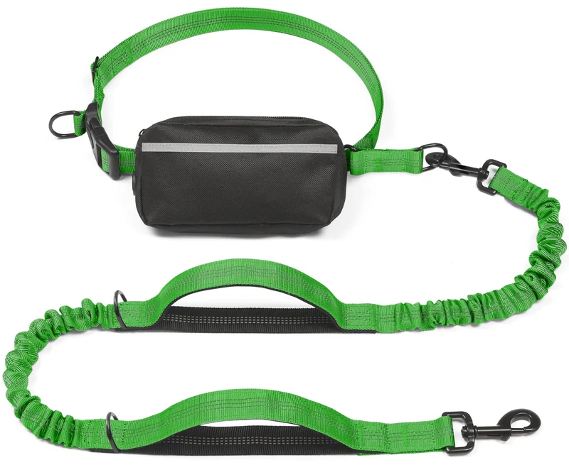 iYoShop Laisse sans mains pour chien avec poche zip amovible, poignées doublées et bungee durable (Grand, 25-120 lb, Émeraude)