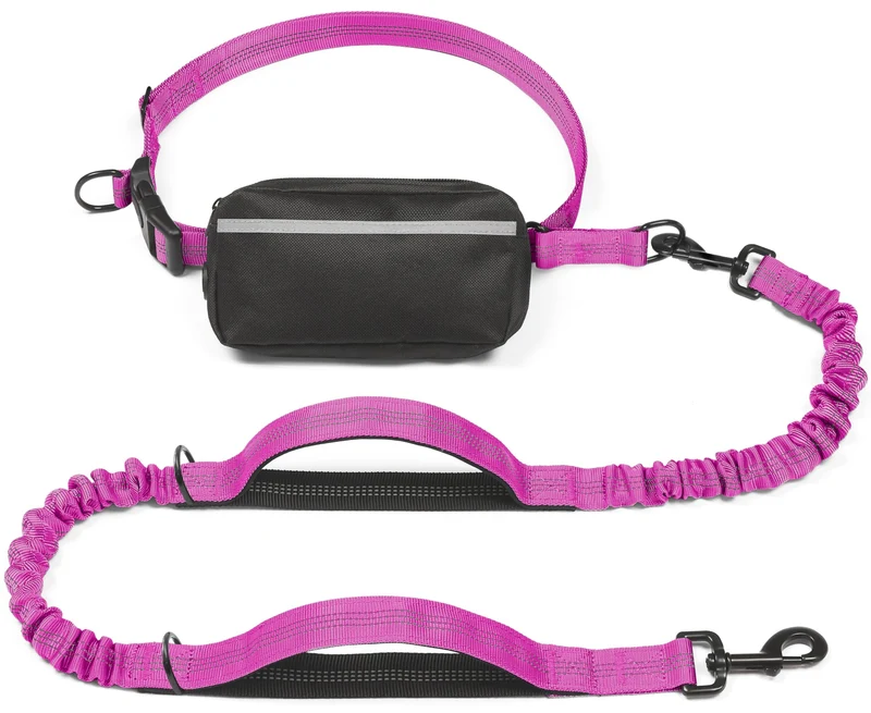 iYoShop Laisse mains libres chien avec poche zippée et doubles poignées rembourrées — Grand 25–120 lb — Very Berry