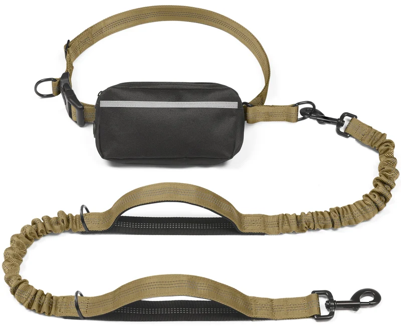 iYoShop Laisse sans mains pour chien avec poche zippée, poignées rembourrées doubles et bungee durable (Khaki, Grand 25–120 lb)