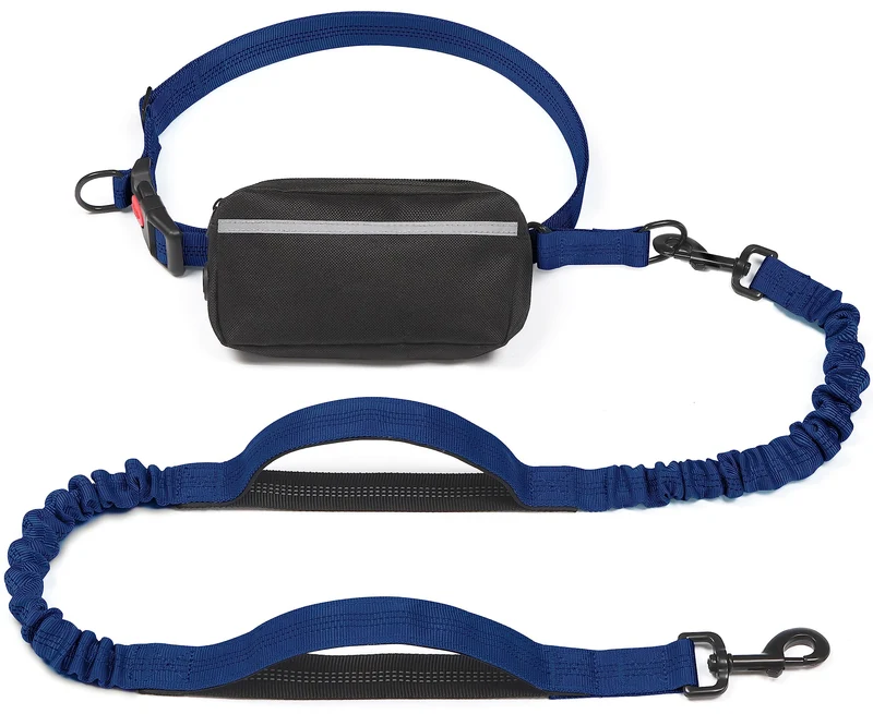 iYoShop Laisse mains libres pour chien avec poche zippée, doubles poignées rembourrées et bungee durable — grand modèle (11–54 kg) bleu marine