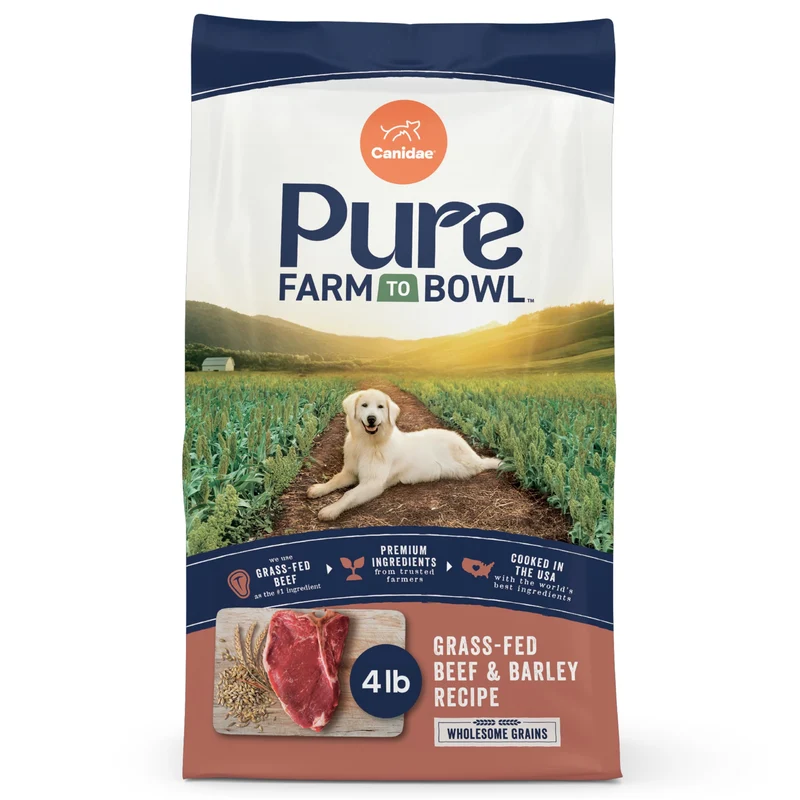 Canidae Pure Farm to Bowl – Boeuf nourri à l’herbe et Orge, croquettes pour chien adulte, 4 lb