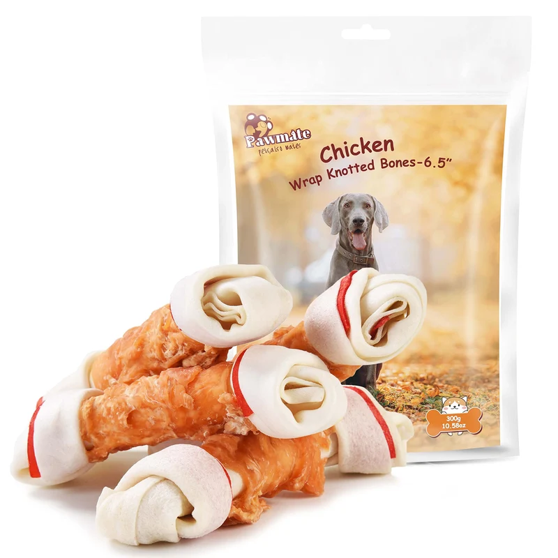 Pawmate Os Enveloppé au Poulet – Grand Chien 6,5'' Taurine, Mastication Durable, 4 Pièces
