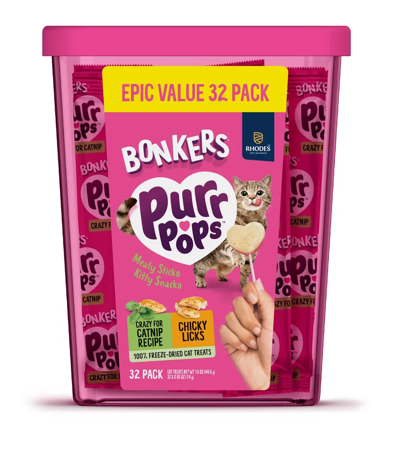 Bonkers Purrpops - Sucettes pour chat lyophilisées Saveur Poulet et Cataire - Coffret 32 pièces
