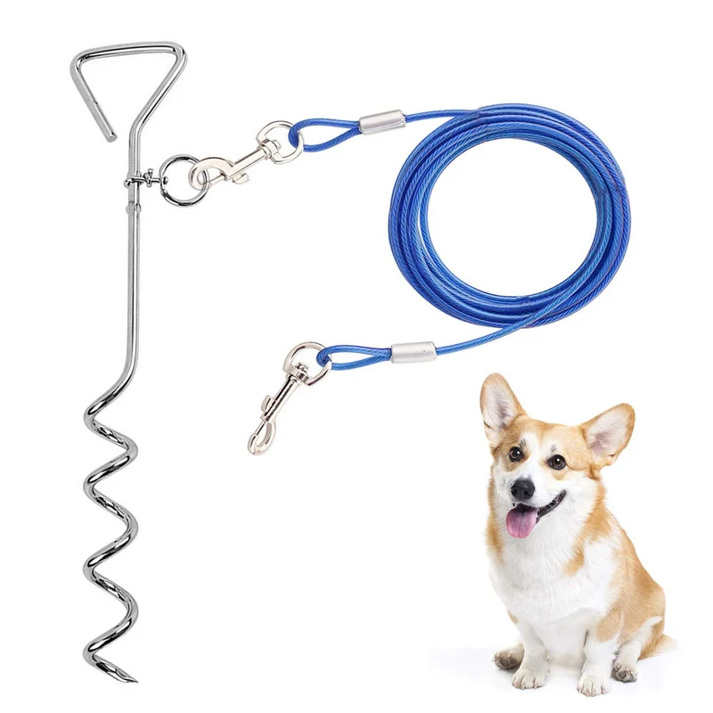 CLKHOWL Câble d'attache pour chien 16/30 ft – Piquet spiral anti-rouille, sécurité et liberté en extérieur