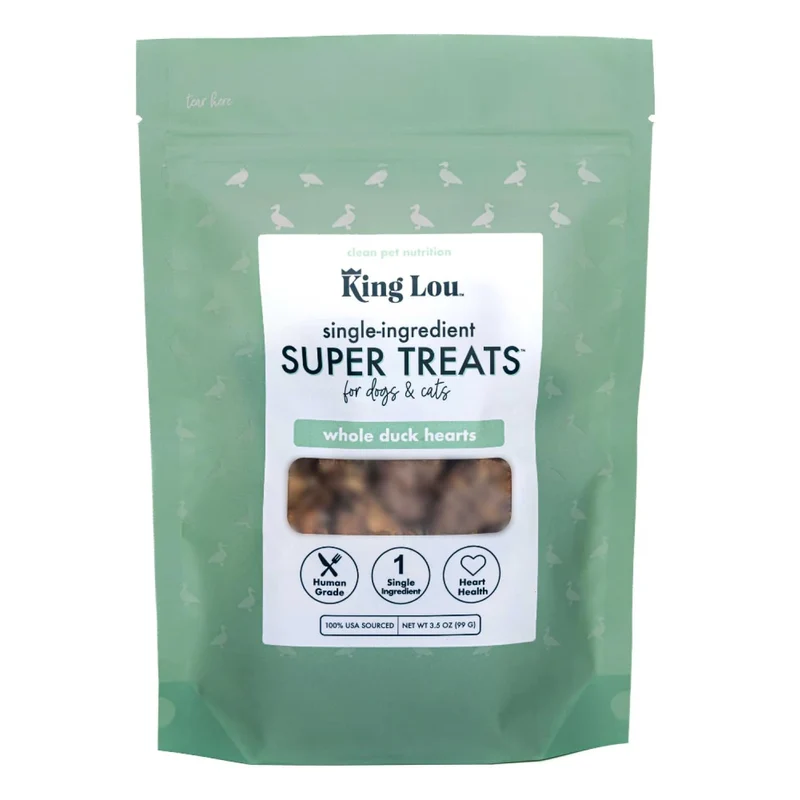 King Lou – Cœurs de canard entiers lyophilisés pour chiens et chats – Fabriqués aux États‑Unis – Taurine, Zinc et Fer – 1 livre avant lyophilisation