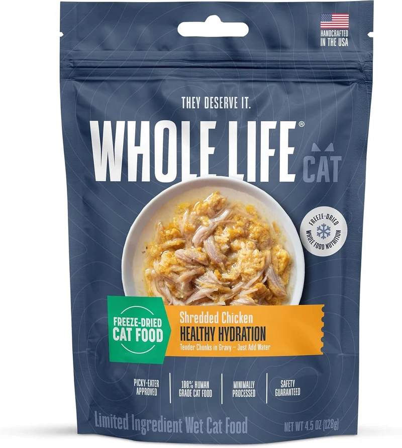 Whole Life Cat – Nourriture chat lyophilisée de qualité humaine, toppers hydratants et bouillon prêt à ajouter d'eau – Poulet effiloché, 128 g