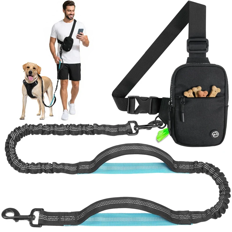 SimplePaws Sangle mains libres pour chien – Sac bandoulière avec distributeur et bungee (Noir)