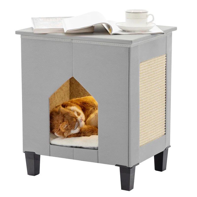 NUROMY Maison-chat intérieur Gris — Grand grattoir et table de nuit en cuir