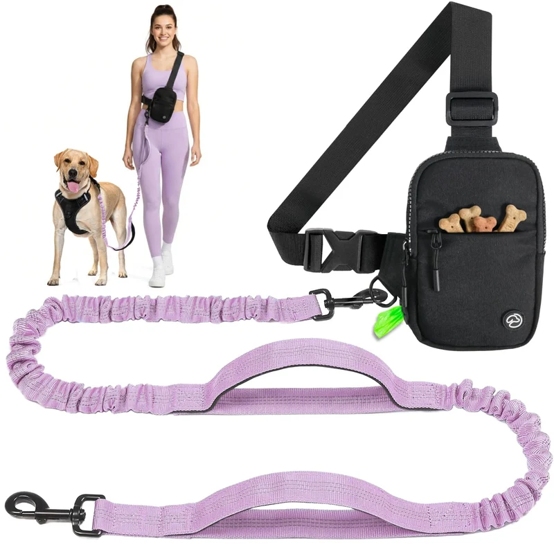 SimplePaws Laisse Bandoulière Mains Libres Lavande – Distributeur de Sacs et Laisse à Double Absorption