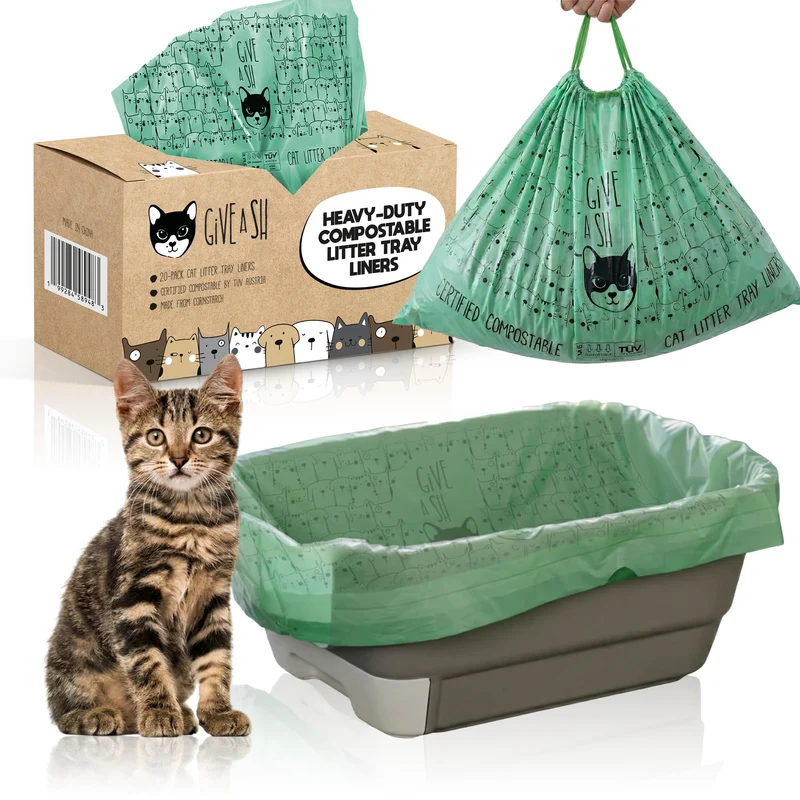 G.A.S Sacs Litière Chats Compostables Jumbo XL 36 x 19, Sangle, Extra Épais 2 mil, Résistants et Étanches - Lot de 20