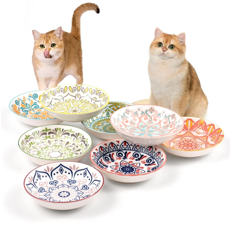 YEAHGO Bols pour Chats Interieur en Ceramique – Anti-Moustache, 8 Bols Multicolores, Diametre 14 cm
