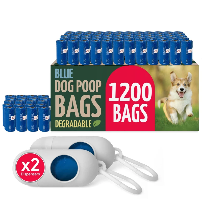 Reli. Sacs biodégradables pour crottes de chien — rouleaux 1200 sacs (80 rouleaux) | 23 × 33 cm | Sans parfum, anti-fuite | Bleu éco-responsable | 2 porte-sacs inclus