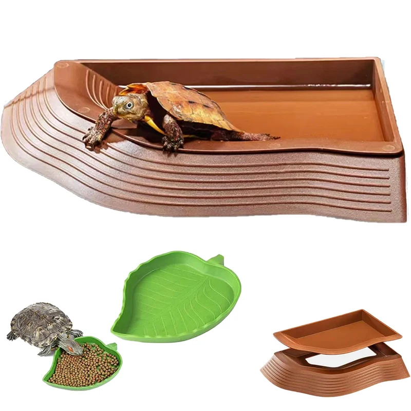DUOYUZHIYU - 3 Coupelles Eau Tortue avec Rampe et Feuille - Nourriture et Bain Reptile (Grand)