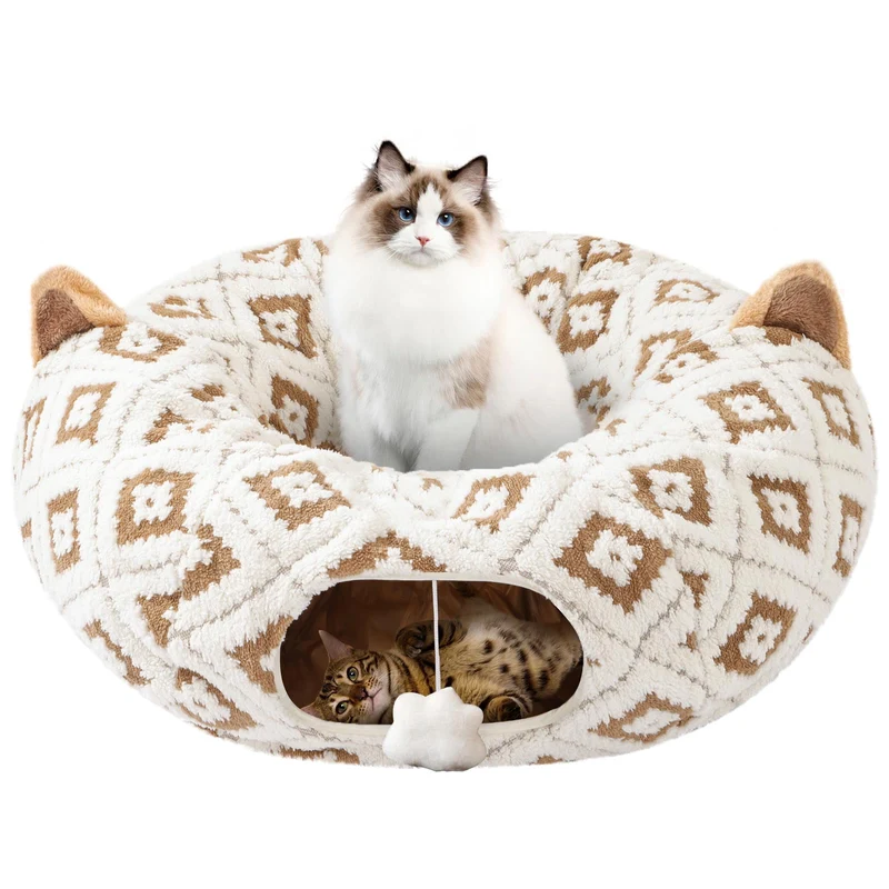 Morikey Tunnel Chat Donut – Tente-Caverne Lavable et Jeux Multifonctions, Jacquard Marron
