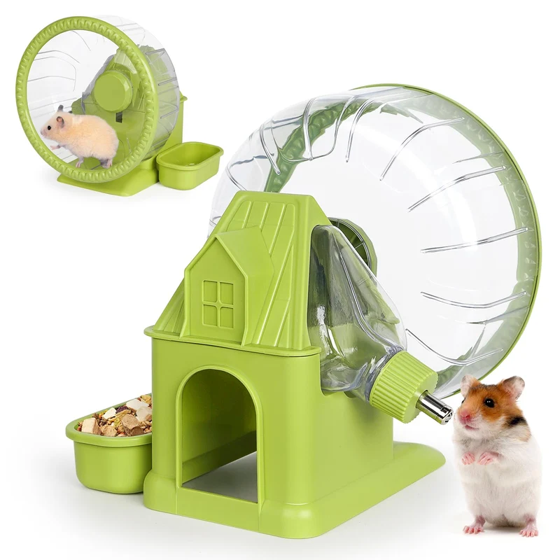 Vannon 4 en 1 Roue d'Exercice Silencieuse pour Hamsters — Maison Multifonctions avec Roue, Bouteille, Bol et Refuge, Vert