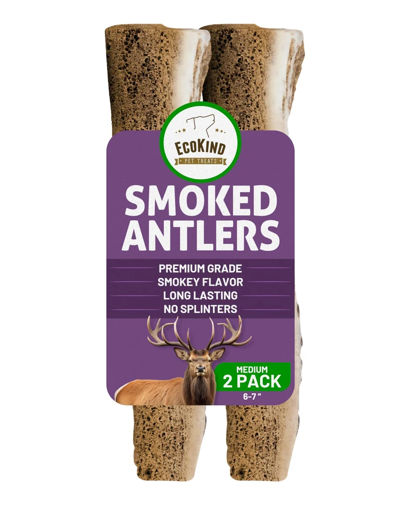EcoKind Cornes d elan fumees – Maches naturelles decoupees pour chiens moyens 15-30 lb, sans eclats, soin dentaire – 2 cornes fumees moyennes