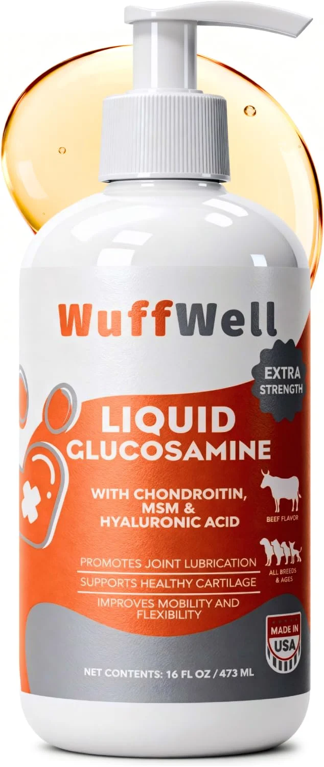 WuffWell Glucosamine Liquide pour Chiens – Soutien des Articulations (Chondroïtine, MSM, Hyaluronique) – Pompe Facile, Tous Types de Chiens, Fabriqué aux États-Unis, 454 g