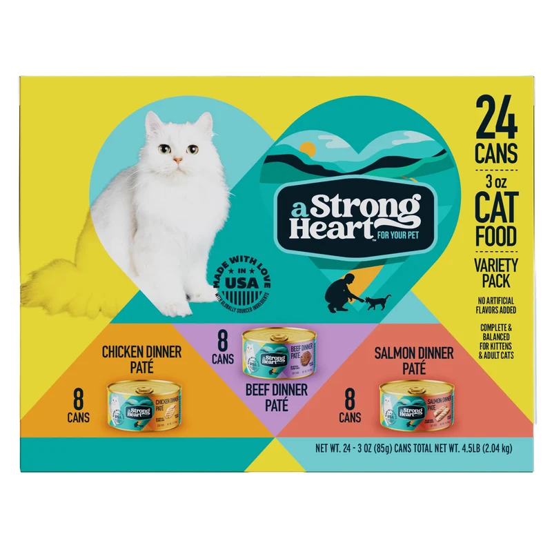 A Strong Heart – Variété en conserve pour chats : Poulet, Boeuf et Saumon – 3 oz, pack de 24, Fabriqué aux Etats-Unis