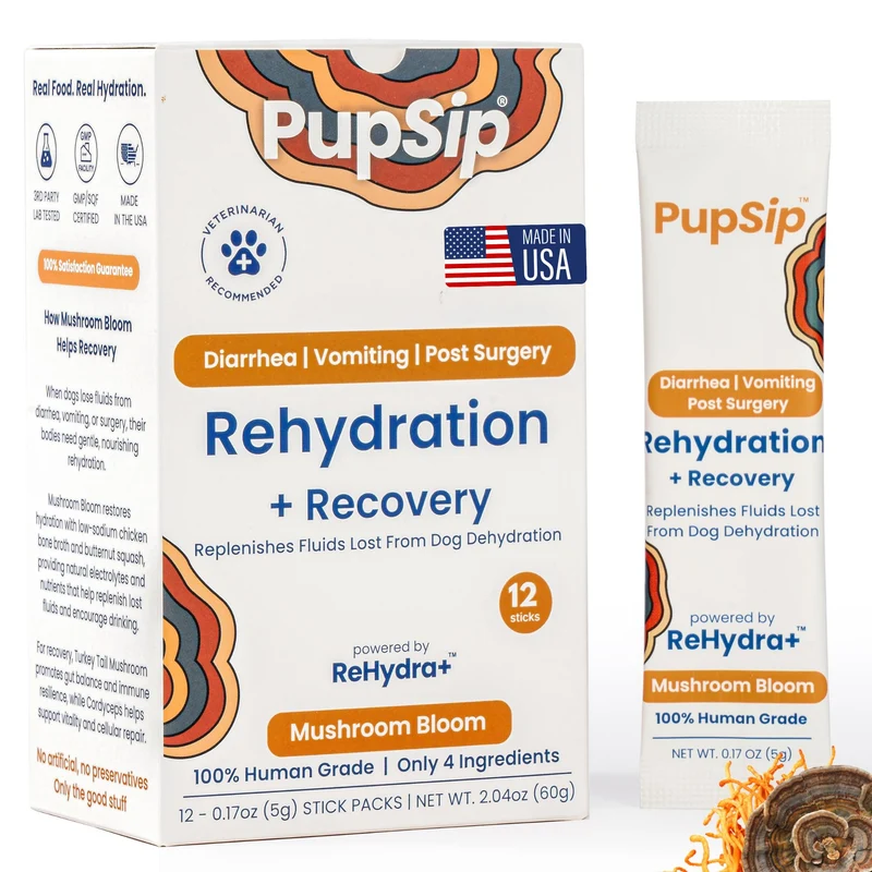 PupSip Hydratation et Récupération pour Chiens – Hydratez, Soutenez la Digestion et la Récupération après Chirurgie – Bouillon d’Os et Champignon Queue-de-Dinde, 12 Bâtonnets
