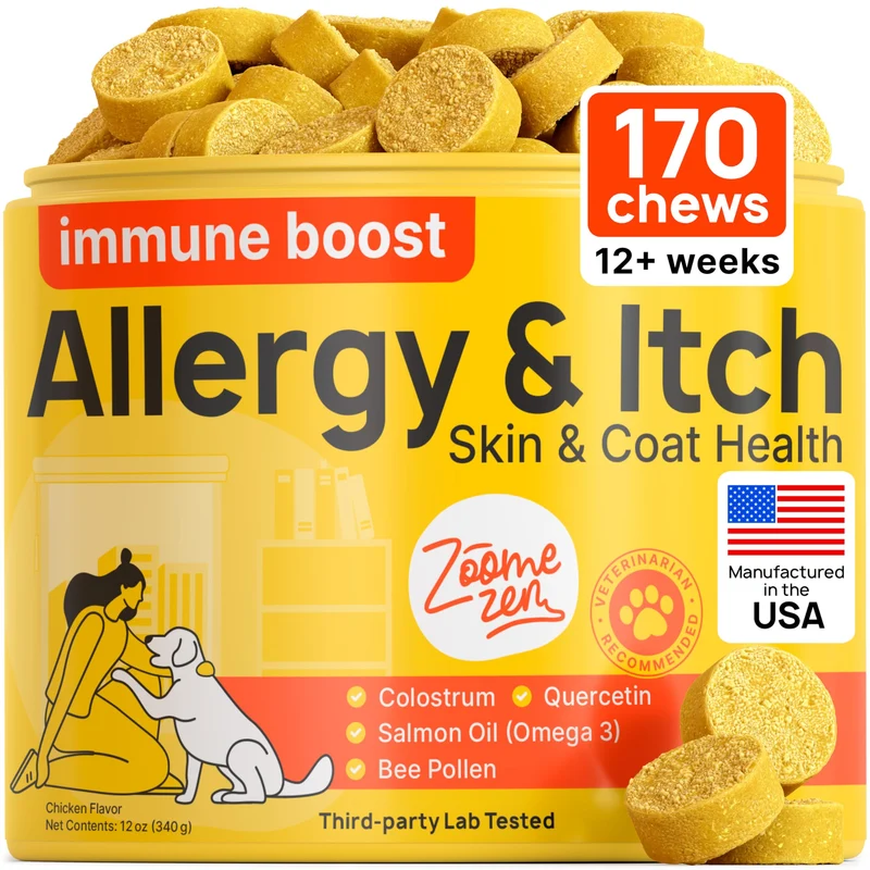 ZOOMEZEN Gommes Allergie Chien – Soulagement démangeaisons et allergies, Oméga-3 & Probiotiques – 170 Gommes – Fabriqué aux États‑Unis