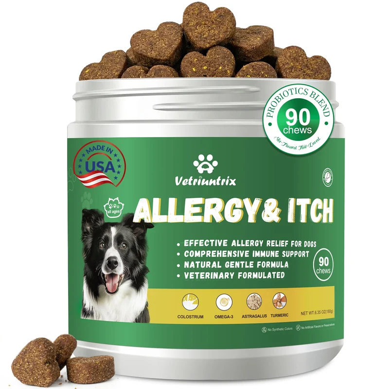 Vetriuntrix Friandises Allergie Chiens – Soulagement démangeaisons et peau pour Grands Chiens, Probiotiques Omega-3 Curcuma, 90 bouchées