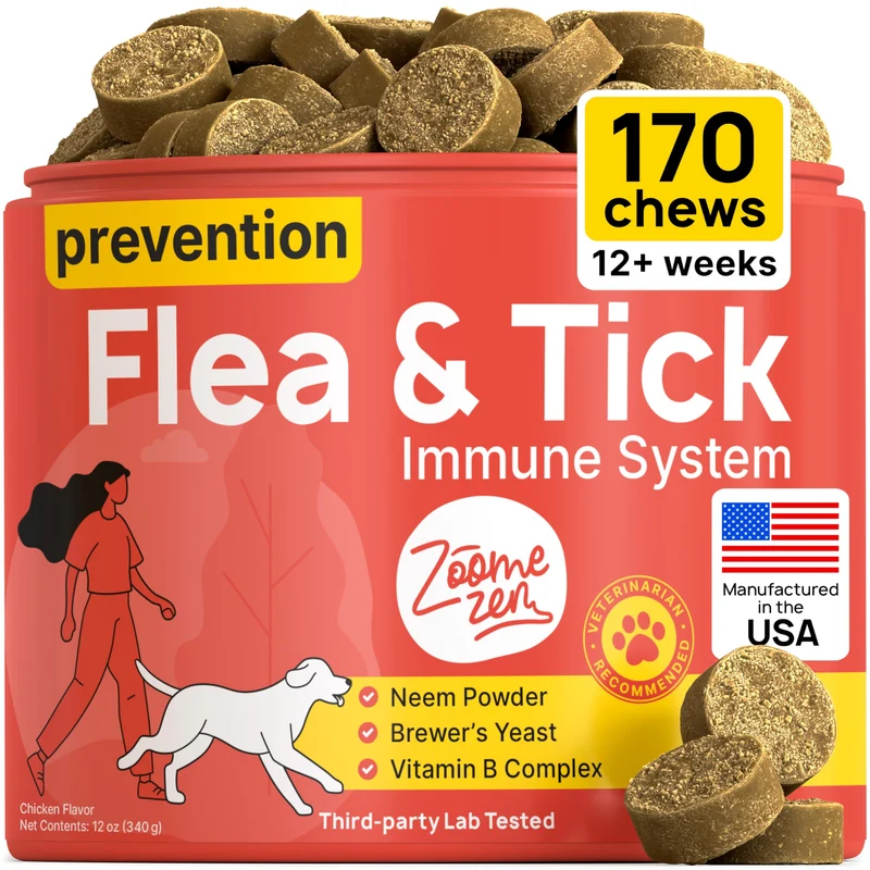 ZOOMEZEN – Comprimés anti-puces et tiques pour chiens | Saveur poulet, naturel, fabriqué aux États‑Unis