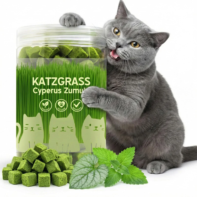 Prettypum Friandises d’Herbe pour Chat d’Intérieur – Herbe Freeze‑Dried, Croustillantes, Aide Digestive – 120 g