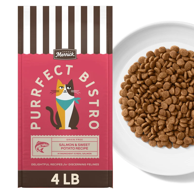 Merrick Purrfect Bistro – Croquettes Sans Céréales au Saumon et Patates Douces pour Chat Adulte, Haute Protéine, 4 Livres (1,8 kg)